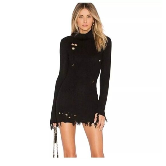 NEW Lovers + Friends Distressed Sweater Dress MEDIUM Revolve Black Wool Blend - Picture 1 of 8